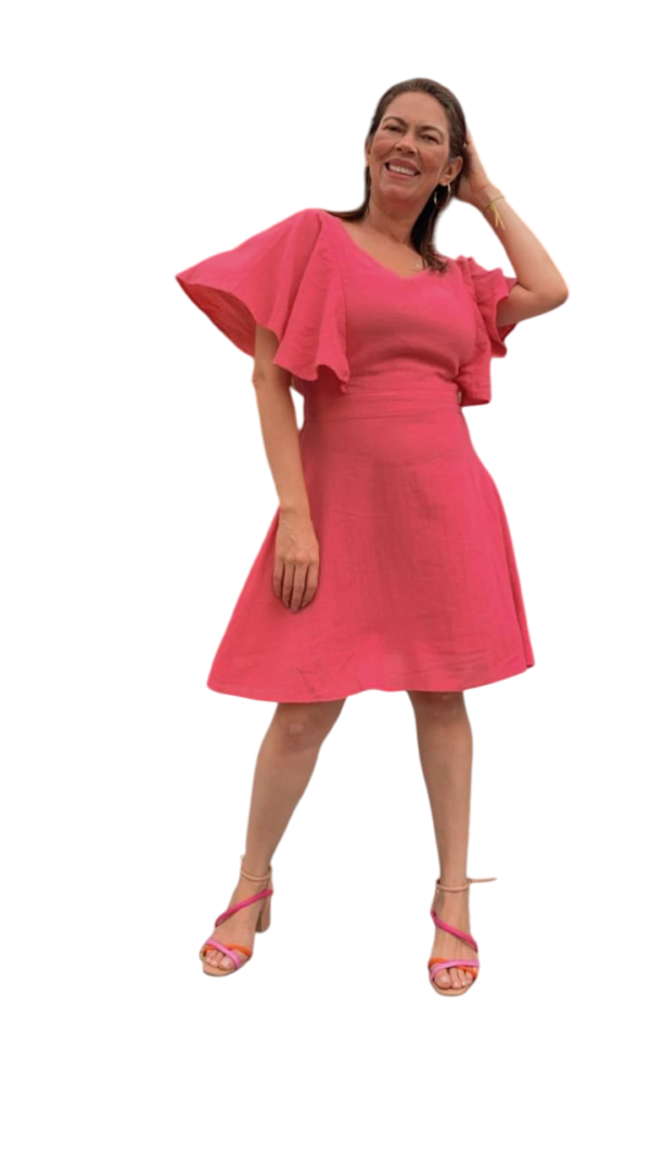 Vestido Linho Rosa Abertura nas Costas